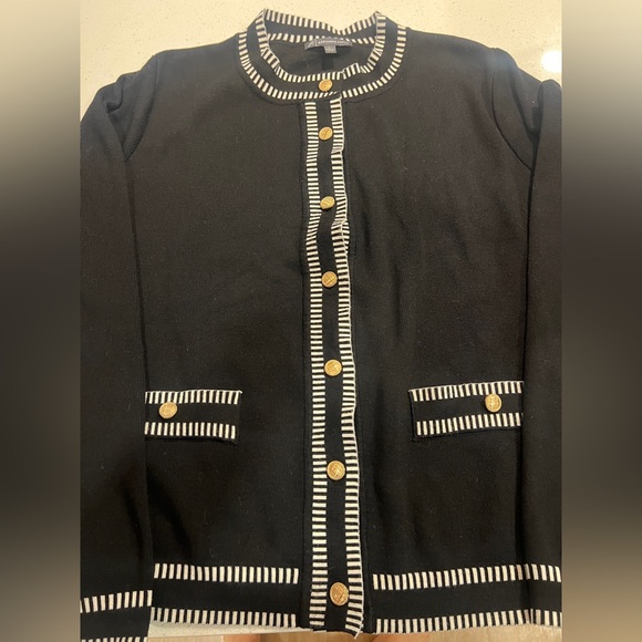 Adrianna Papell Women's Large Black Cardigan with White Tipping at Hem - Picture 6 of 7